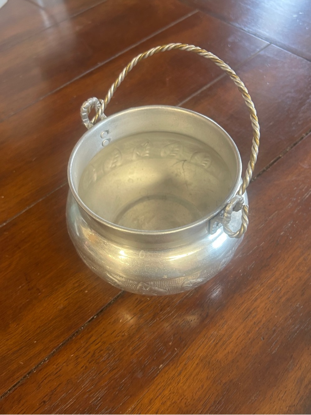 Silver-Tone Decorative Metal Bucket with Twisted Handle